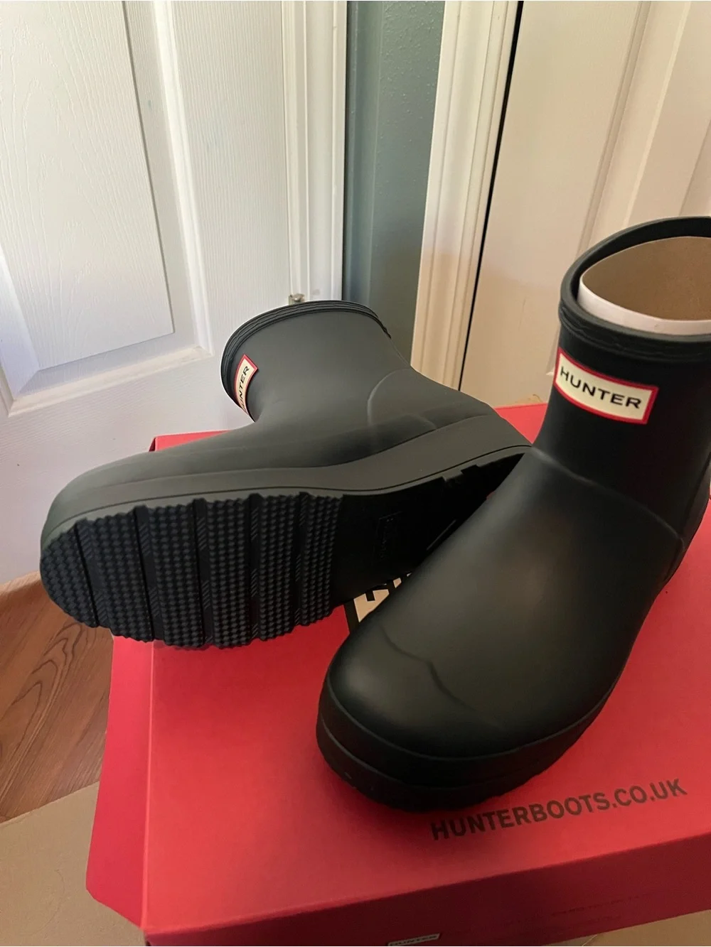 Hunter Red Shoe Box with Black and White Labeling